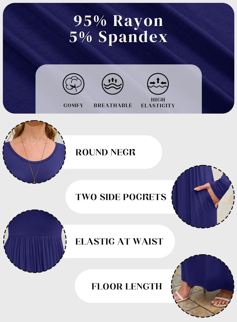 DEARCASE Women Dress Dark Blue Large Crewneck Long Sleeves Maxi Wedding Guest A-line Plain Casual Empire Waist Flowy Party Vintage Spring Fall Winter Floor Dresses with Pocket - Image 5